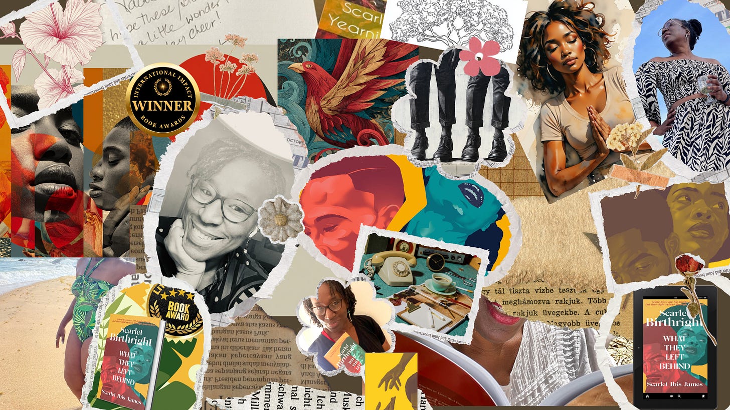 A vibrant artistic collage featuring mixed media elements including tropical hibiscus flowers, colorful abstract shapes, vintage photographs of Black women, book covers for "Scarlet Birthright" by Scarlet Ibis James, award badges including "International Literary Book Awards Winner," fashion photography, boots, decorative elements like dried flowers and vintage objects, text fragments in multiple languages, and various paper textures. The composition blends personal photographs, literary achievements, cultural imagery, and artistic elements in warm tones of red, orange, teal, and gold, creating a visual representation of creative journey and identity.