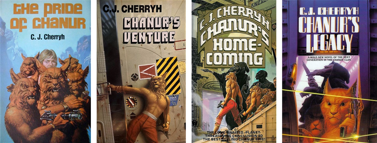 DAW hardback book covers for THE PRIDE OF CHANUR, CHANUR’S VENTURE, CHANUR’S HOMECOMING, and CHANUR’S LEGACY written by C.J. Cherryh DAW hardback book covers for THE PRIDE OF CHANUR, CHANUR’S VENTURE, CHANUR’S HOMECOMING, and CHANUR’S LEGACY written by C.J. Cherryh