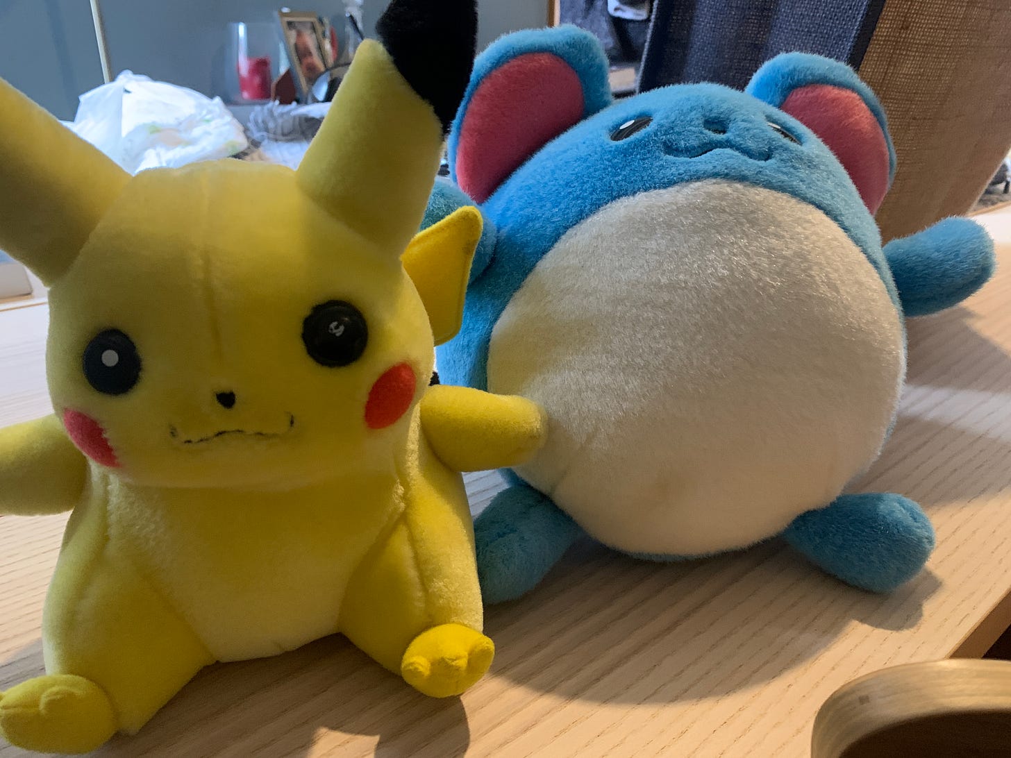 Dom shared a photograph of two Pokémon plush toys he still owns, Pikachu and Marill, which appear to have been well looked after, and are quite vibrant-looking Dom shared a photograph of two Pokémon plush toys he still owns, Pikachu and Marill, which appear to have been well looked after, and are quite vibrant-looking