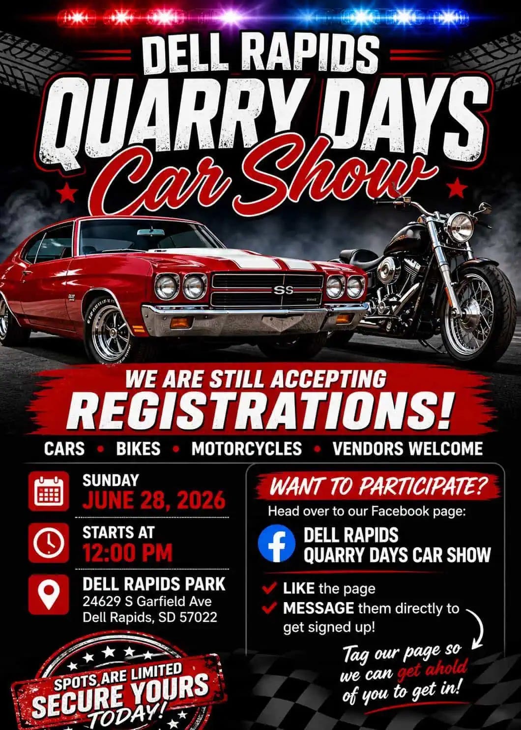 Dell Rapids Quarry Days Car Show event at Dell Rapids Park in Dell Rapids, SD on June 28, 2026