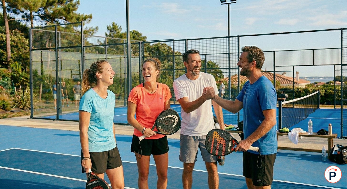 quatre personnes qui rient après un match de padel quatre personnes qui rient après un match de padel