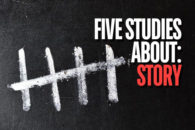 "Five Studies About: Story" appears in the foreground. The background is a blackboard with five thick tally marks written in chalk.