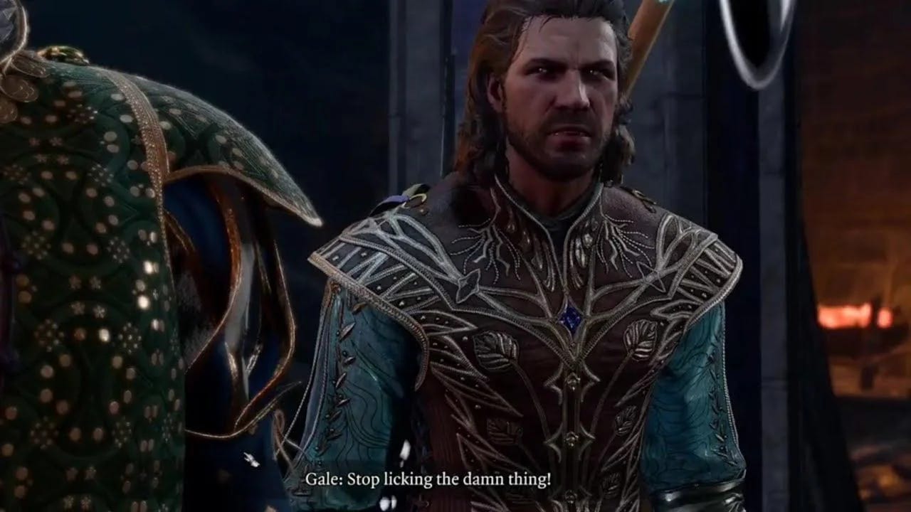 A screenshot from Baldur’s Gate 3. Gale, a bearded 30-something man dressed in wizard robes looks upset as he says to the player, “Stop licking the damn thing!”