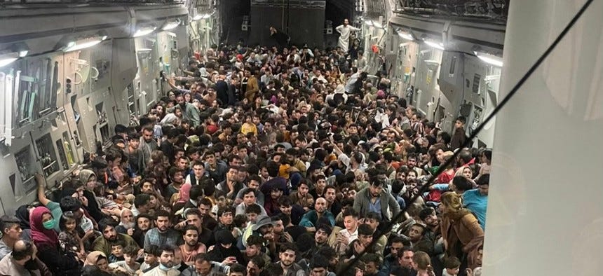 A photo from the inside of Reach 871, a U.S. Air Force C-17 flown from Kabul to Qatar on Aug. 15. A photo from the inside of Reach 871, a U.S. Air Force C-17 flown from Kabul to Qatar on Aug. 15.