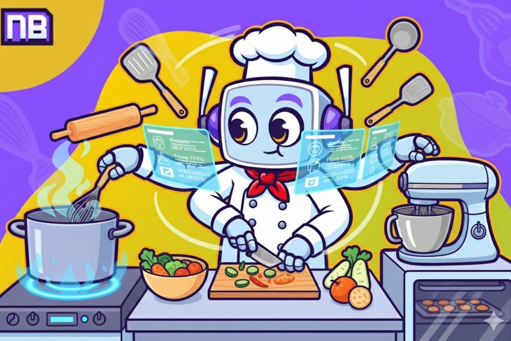 Neuralbuddy, a friendly chef robot, demonstrating complex kitchen coordination with multiple prep stations. The robot is simultaneously whisking in a pot, chopping vegetables on a cutting board, and tending to an oven, showcasing efficiency and culinary skill.