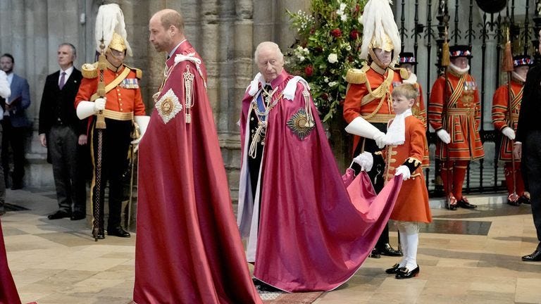 The Prince of Wales, Great Master of the Order, and King Charles, Sovereign Head of the Most Honourable Order of the Bath, arrive for the Service for the Oath and Installation of the Great Master and the Knights Grand Cross, at Westminster Abbey.
Pic: PA