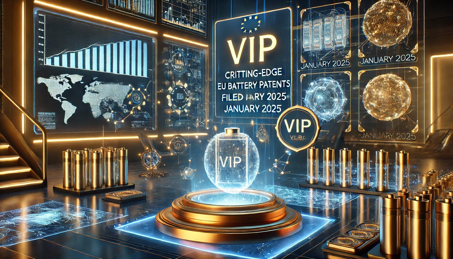 A futuristic and exclusive VIP-themed image showcasing cutting-edge EU battery patents filed in January 2025. The scene features a high-tech patent office with glowing documents, a holographic display highlighting battery innovations, and a sleek VIP badge symbolizing exclusivity. In the background, a stock market chart and research lab indicate future investment potential. The atmosphere is premium, with gold and blue lighting emphasizing innovation and opportunity.