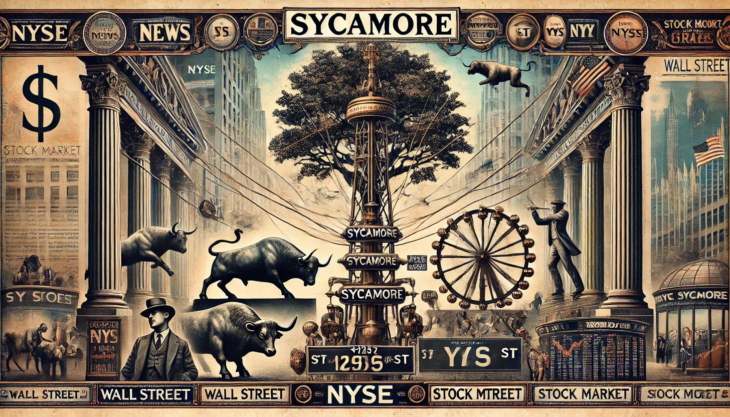A visually striking horizontal illustration showing the transmission of news via a vintage telegraph wire system. The word 'Sycamore' is prominently displayed in a sophisticated font, blending seamlessly into the theme. The scene integrates stock market-related symbols, including a charging bull and a retreating bear, Wall Street signage, stock market charts, and the NYSE logo subtly incorporated. A roulette wheel is subtly included in the background, along with a majestic sycamore tree. Additionally, a small figure of Zacchaeus from the Gospel of Luke is perched on a branch of the sycamore tree, adding a biblical touch. The overall design uses a mix of vintage and modern styles to merge historical elements with contemporary stock market themes.