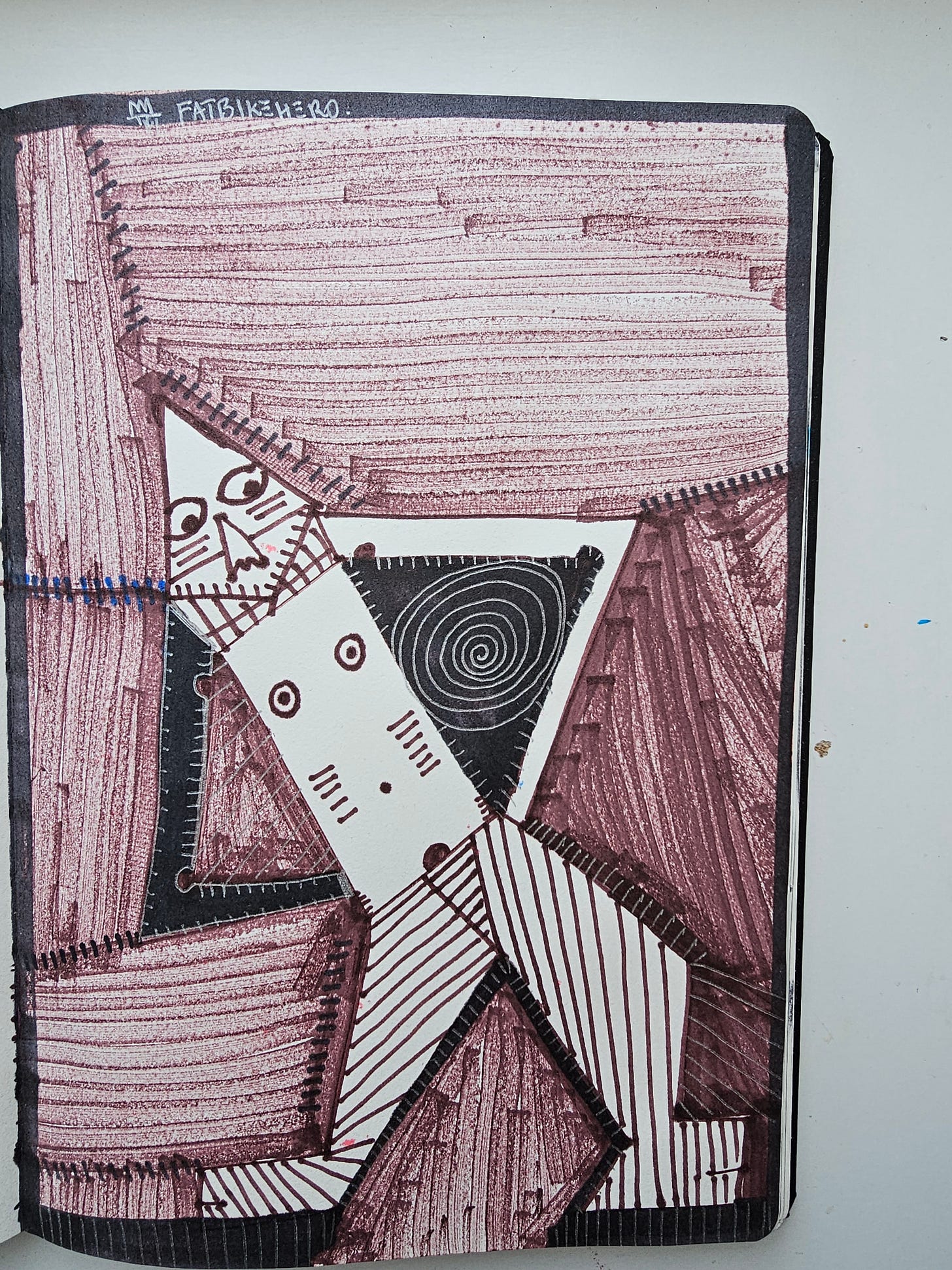A geometric, neo-primitive drawing by FatbikeHero in reddish-brown marker. It depicts a stylized humanoid robot composed of triangles and stitched lines. The robot has a black triangular torso with a white spiral vortex in the center. The background is filled with hatched marker lines. A geometric, neo-primitive drawing by FatbikeHero in reddish-brown marker. It depicts a stylized humanoid robot composed of triangles and stitched lines. The robot has a black triangular torso with a white spiral vortex in the center. The background is filled with hatched marker lines.
