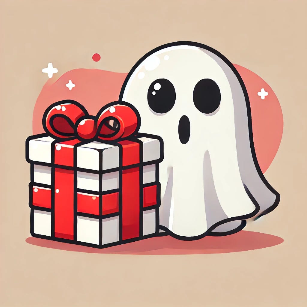 A cartoon-style image of a gift box wrapped with a red ribbon next to a classic white-sheet ghost with black eye holes. The ghost appears friendly and slightly surprised. The background is minimal and lighthearted.