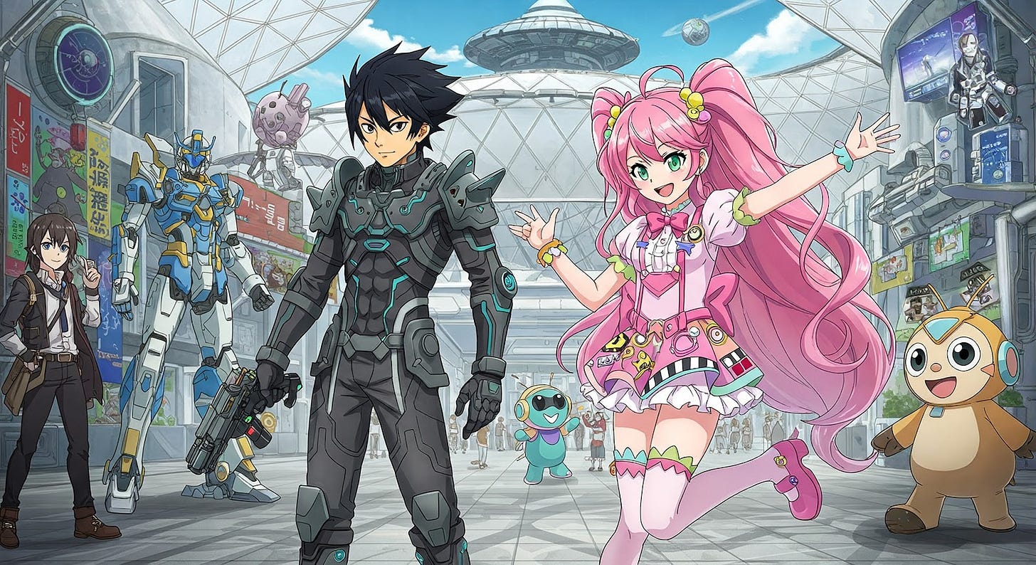 Create an image with two manga style characters representing the intersection of Media Worlds (movies, tv, video games) and Expo 2025 Osaka
