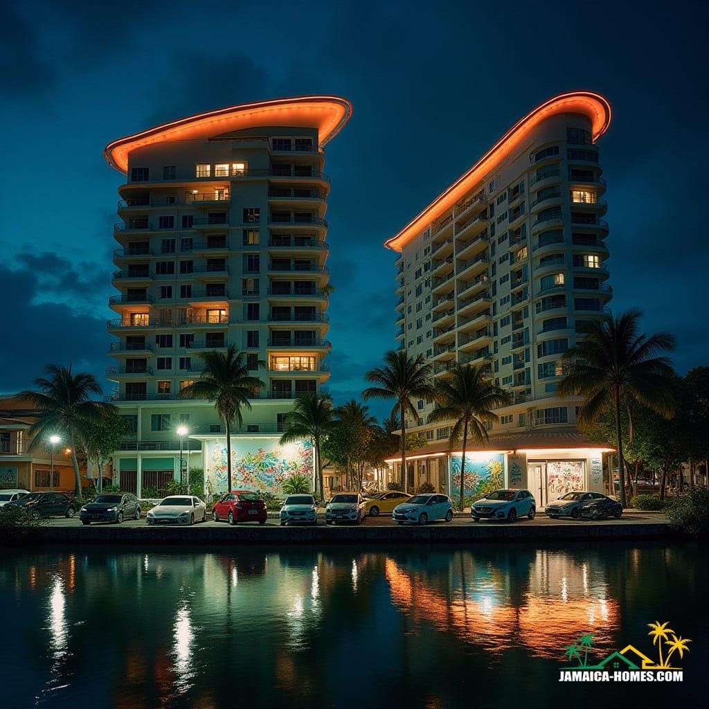 Glowing Kingston waterfront at night, futuristic condos with neon edges, illuminated skybridges, cars parked below, reflections on Caribbean Sea, Jamaican flags, murals, and reggae posters, cinematic lighting, shot on 35mm film with v-raptor XL, film grain, vignette, color graded, post-processed, inspired by the dramatic styles of Denis Villeneuve, Roger Deakins, and Emmanuel Lubezki.