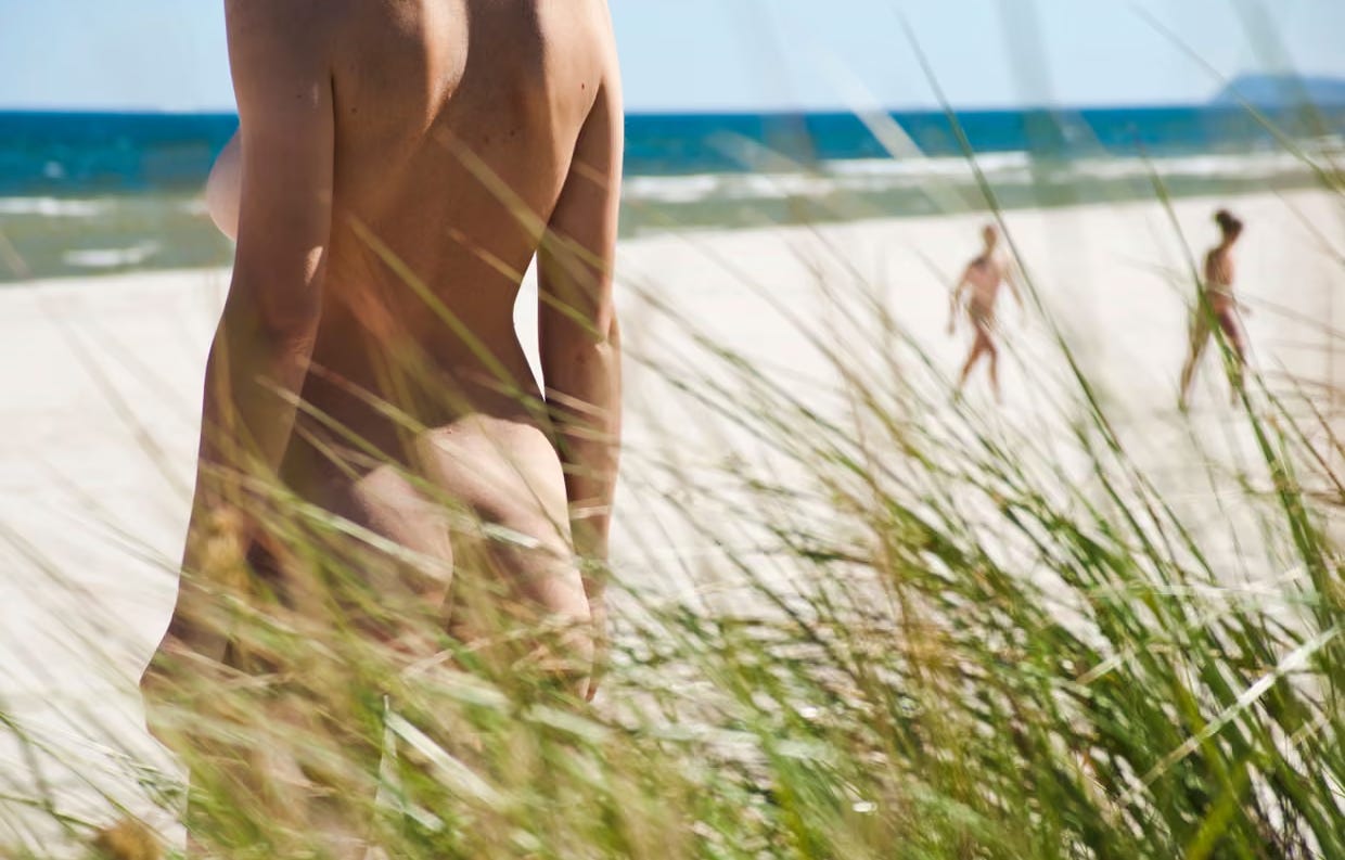 People relaxing nude on a crowded beach in Germany, lying on towels or reclining in the sun near a calm body of water, surrounded by nature.