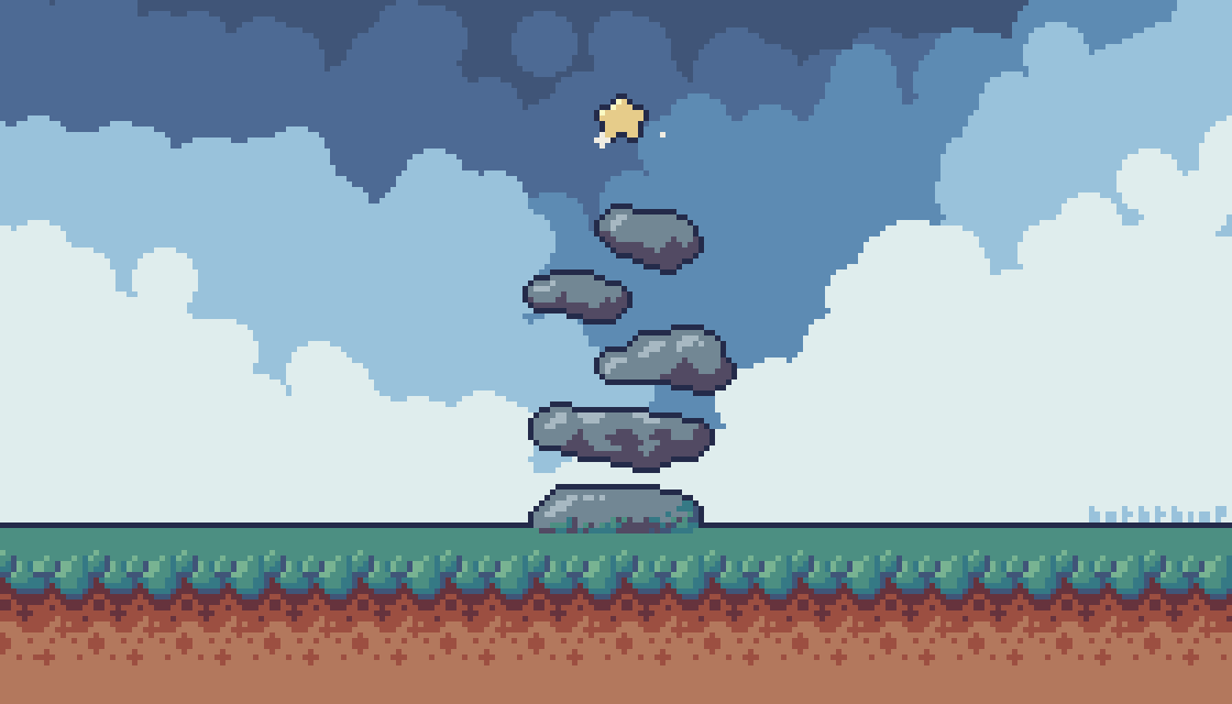 Rocks floating with a star floating above them. Pixel Art