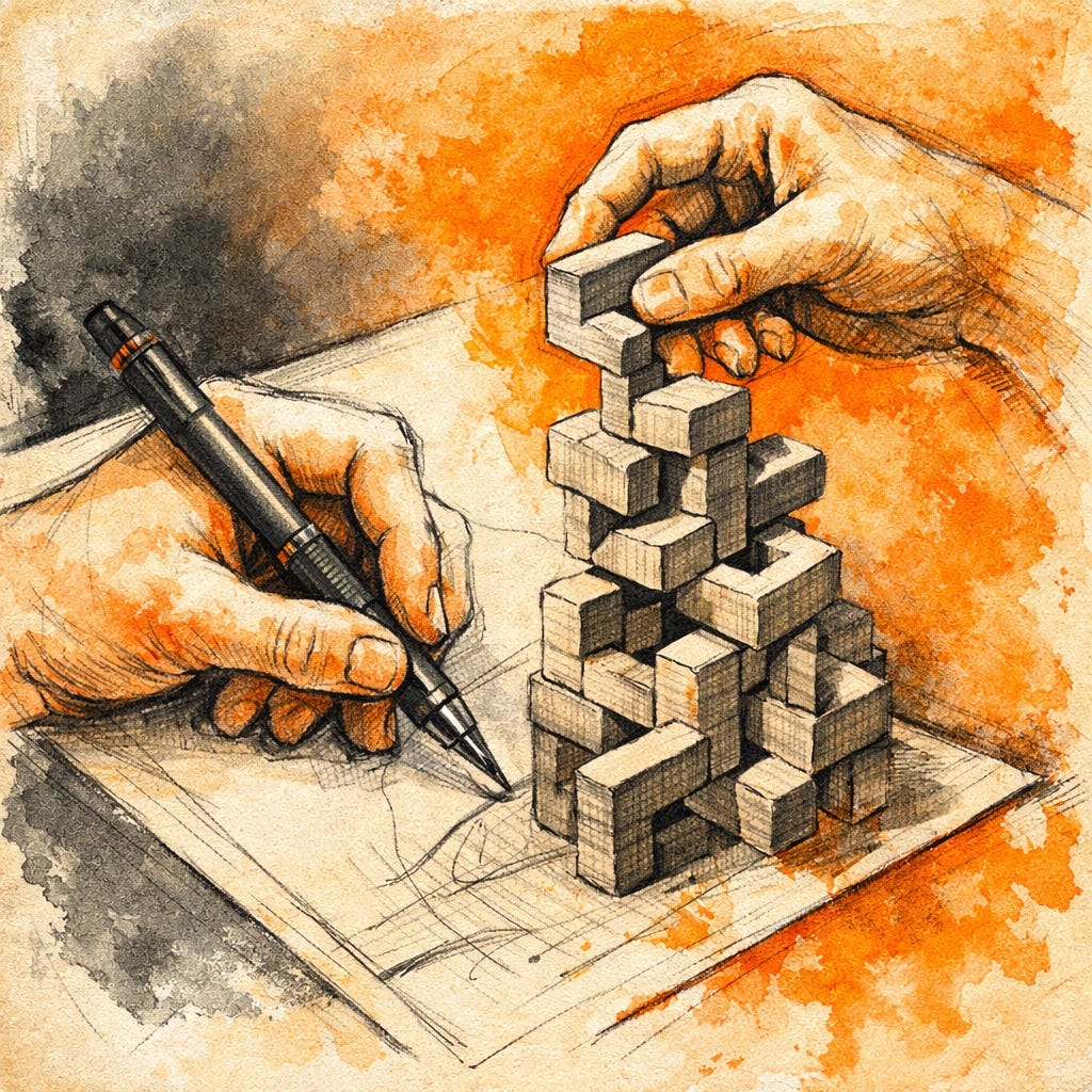 Recursive drawing of hands building a structure, representing the evolution of AI prompt engineering.