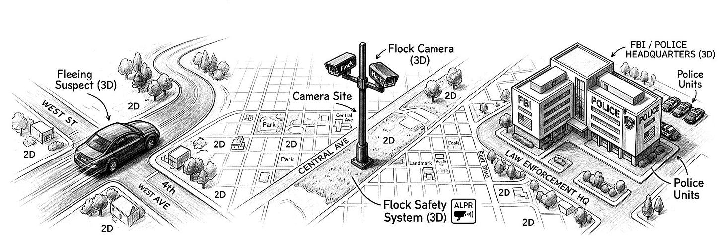 Three-panel illustration: a fleeing suspect vehicle on the left, a Flock ALPR camera mounted on a pole in the center, and FBI and Police headquarters on the right