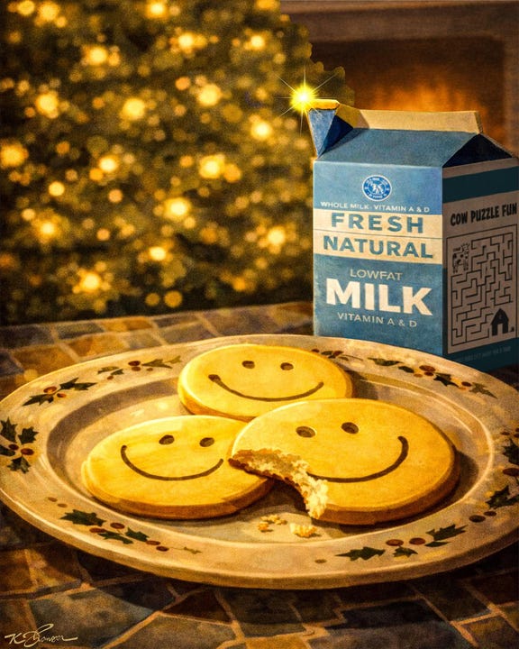 An illustration of three smiley-face cookies on a plate—one with a bite taken out—on a tiled table, next to a blue carton of milk. In the background, there’s a Christmas tree decorated with lights, and a fire in the fireplace.
