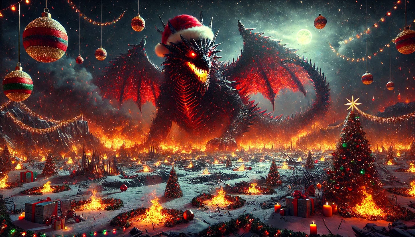 A wide landscape featuring a massive, fiery dragon with a terrifying yet festive appearance, surrounded by smoke and flames. The dragon has glowing red eyes and fiery scales, wearing a large, fluffy Santa hat. The environment blends a charred, smoky landscape with festive Christmas elements like glowing ornaments, garlands, and mistletoe scattered across snowy patches. A mix of glowing holiday lights and embers illuminate the scene, creating an eerie yet cheerful yuletide atmosphere. The sky is dark with red and orange hues from the dragon’s fiery aura, emphasizing both its menacing and festive presence.