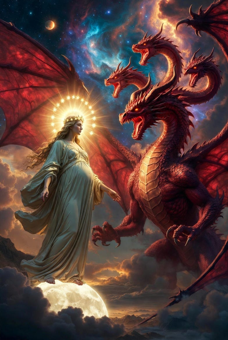 A traditional biblical apocalyptic scene from Revelation, featuring a majestic woman, a red dragon, and Michael the archangel in a cosmic conflict.