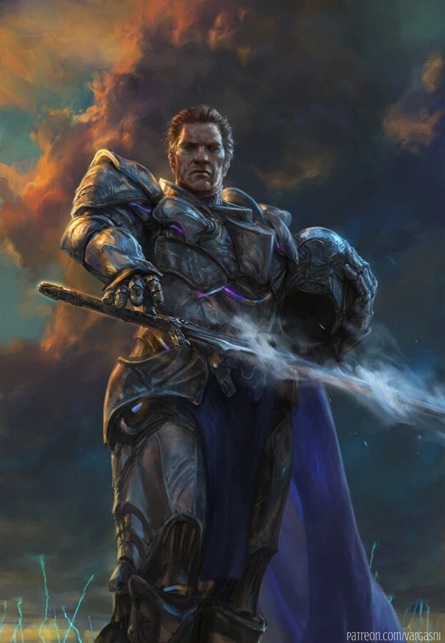 A grizzled, olive-skinned soldier holds forth his hand; a sword is forming out of mist just below his palm.