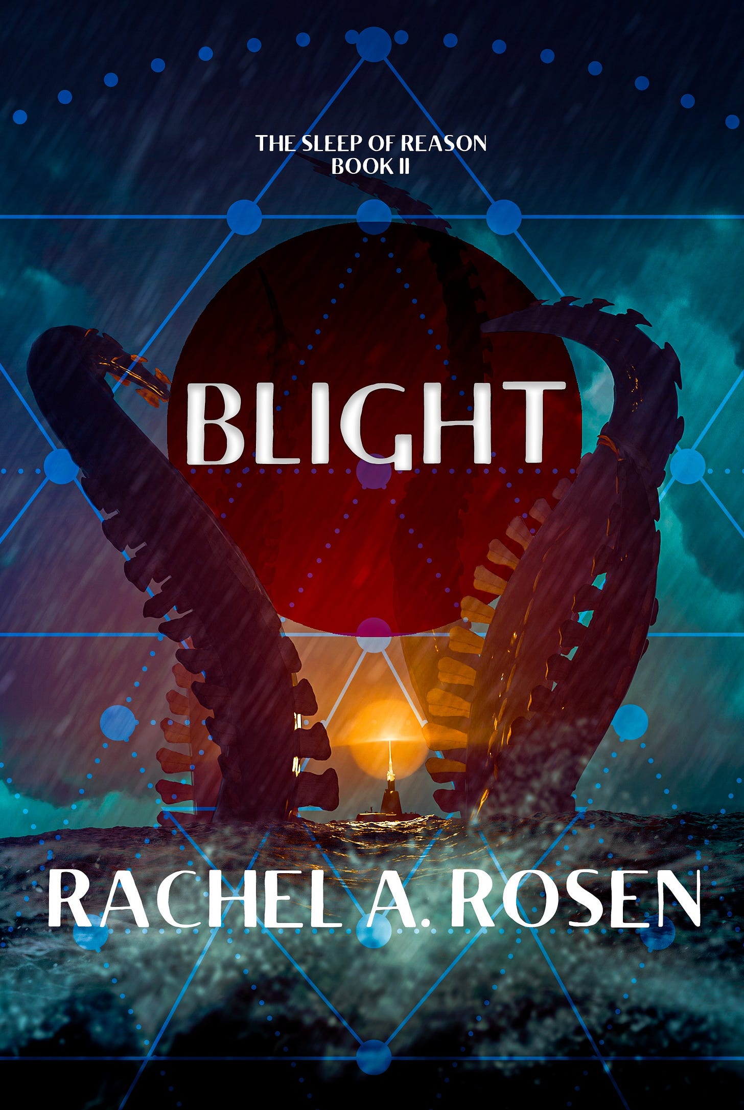 blight (the sleep of reason #2) by Rachel A. Rosen, featuring a tiny glowing submarine surrounded by massive bone tentacles in a stormy ocean. blight (the sleep of reason #2) by Rachel A. Rosen, featuring a tiny glowing submarine surrounded by massive bone tentacles in a stormy ocean.