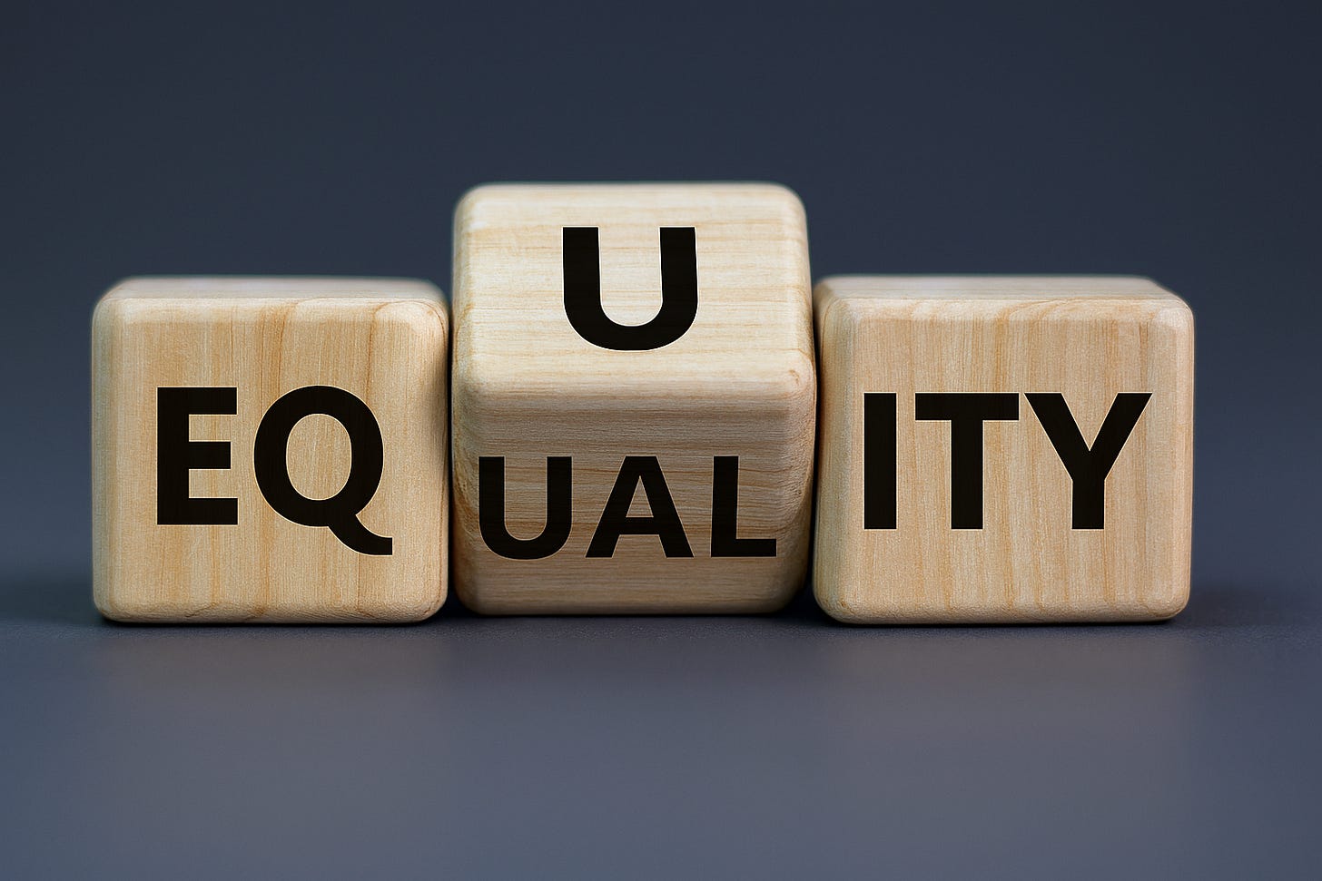 Wooden blocks spelling "Equity", with the "U" block turned up to reveal that they can also spell "Equality"