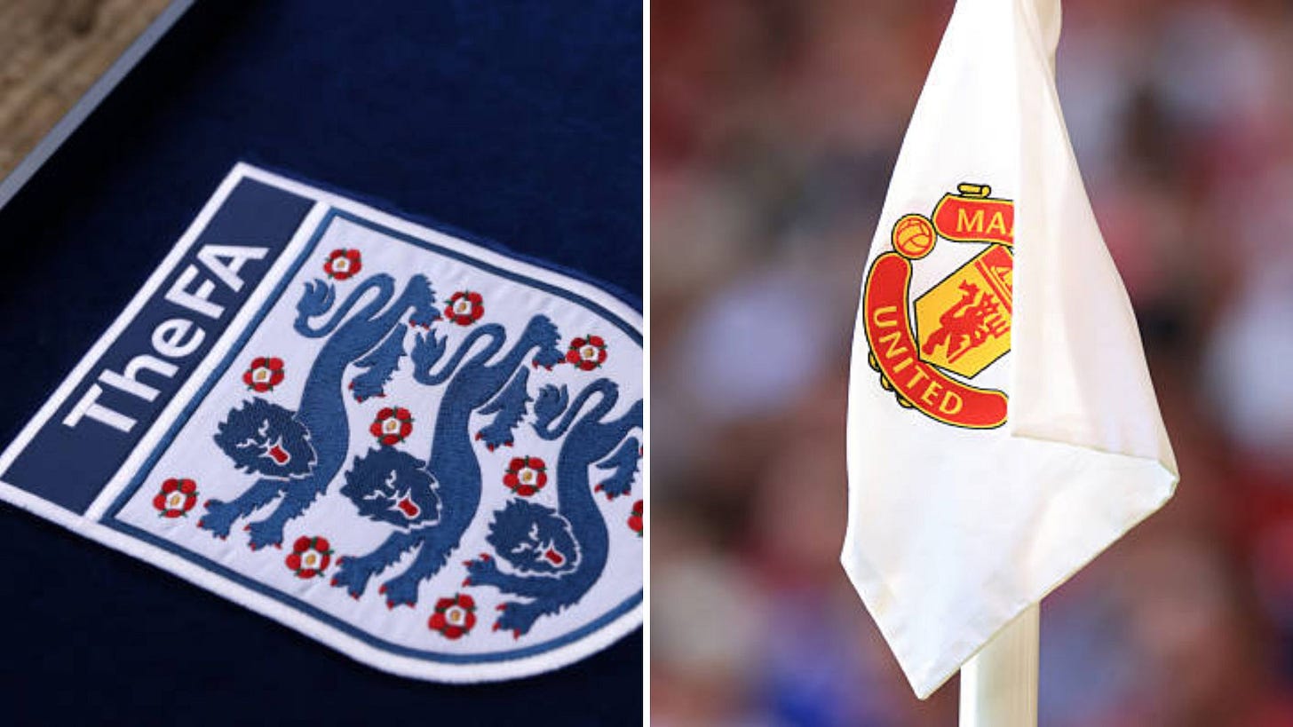 Split image of FA badge and Man United corner flag