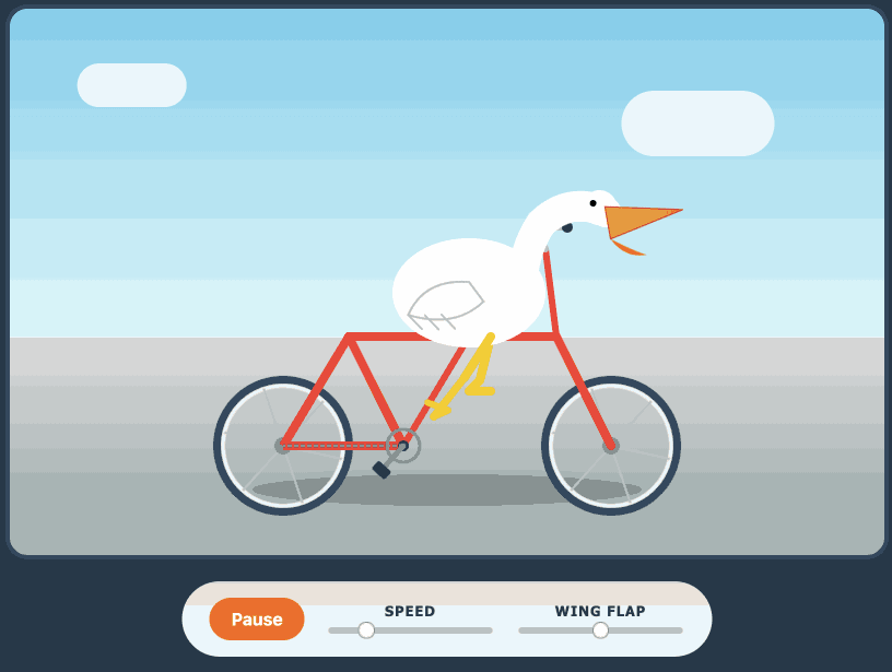 The bicycle is about right. The pelican is OK. It is pedaling furiously and flapping its wings a bit. Controls below the animation provide a pause button and sliders for controlling the speed and the wing flap. The bicycle is about right. The pelican is OK. It is pedaling furiously and flapping its wings a bit. Controls below the animation provide a pause button and sliders for controlling the speed and the wing flap.