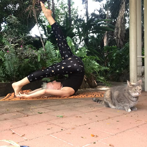 nine photos with a white haired woman in exercise clothing doing each of the Pilates exercises listed in the email