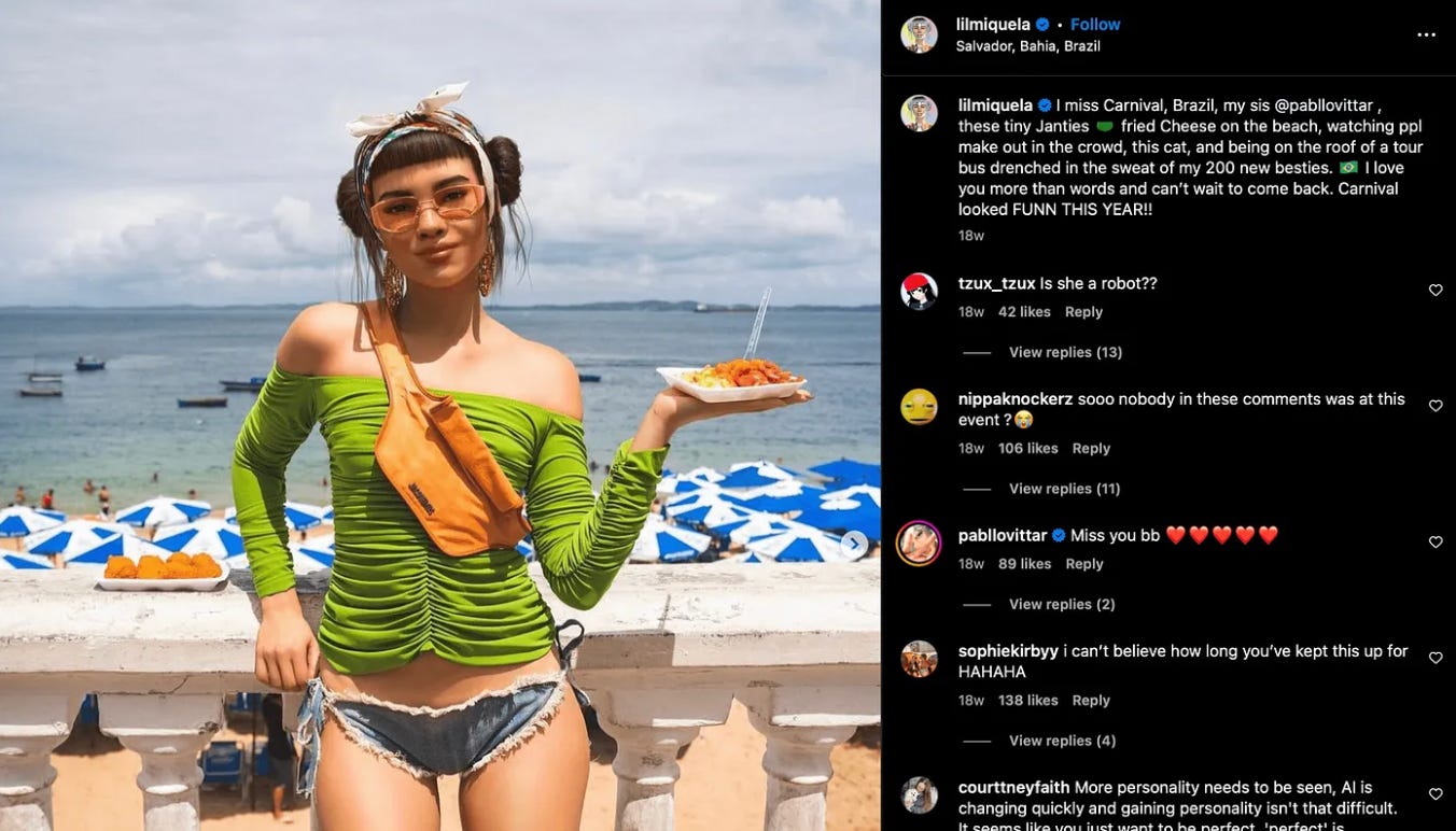 Miquela, a virtual influencer, stands on a balcony overlooking a beach. She is wearing an off-the-shoulder lime green top and denim shorts, and a small orange fanny pack across her chest. Her hair is styled in space buns with a white bandana, and she is holding a plate of food in one hand. The beach behind her features blue and white umbrellas, people relaxing, and the ocean in the background