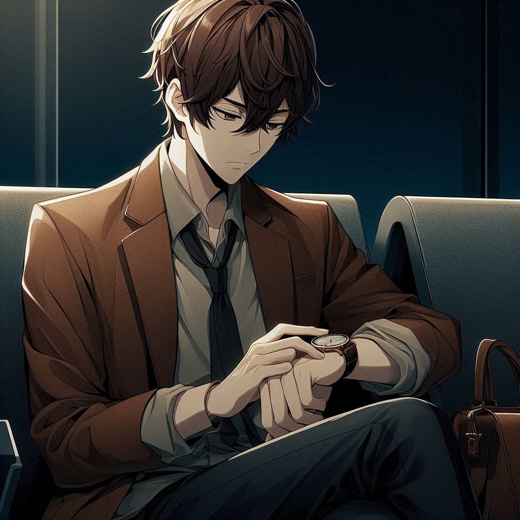 A young man with brown hair and a brown blazer sitting in a dark waiting room and looking at his wrist watch. anime art style. dark. modern.
