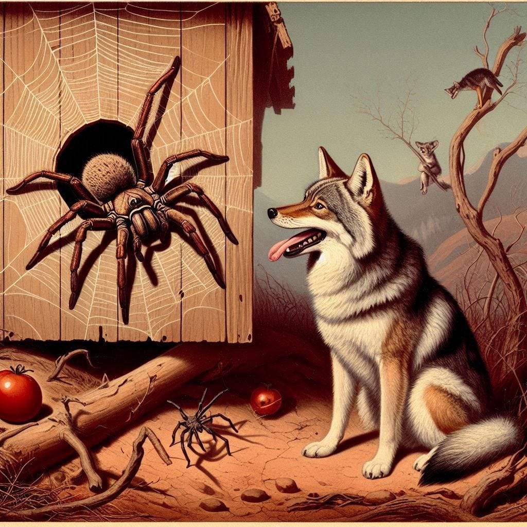 trapdoor spider talking to a coyote in the style of audubon
