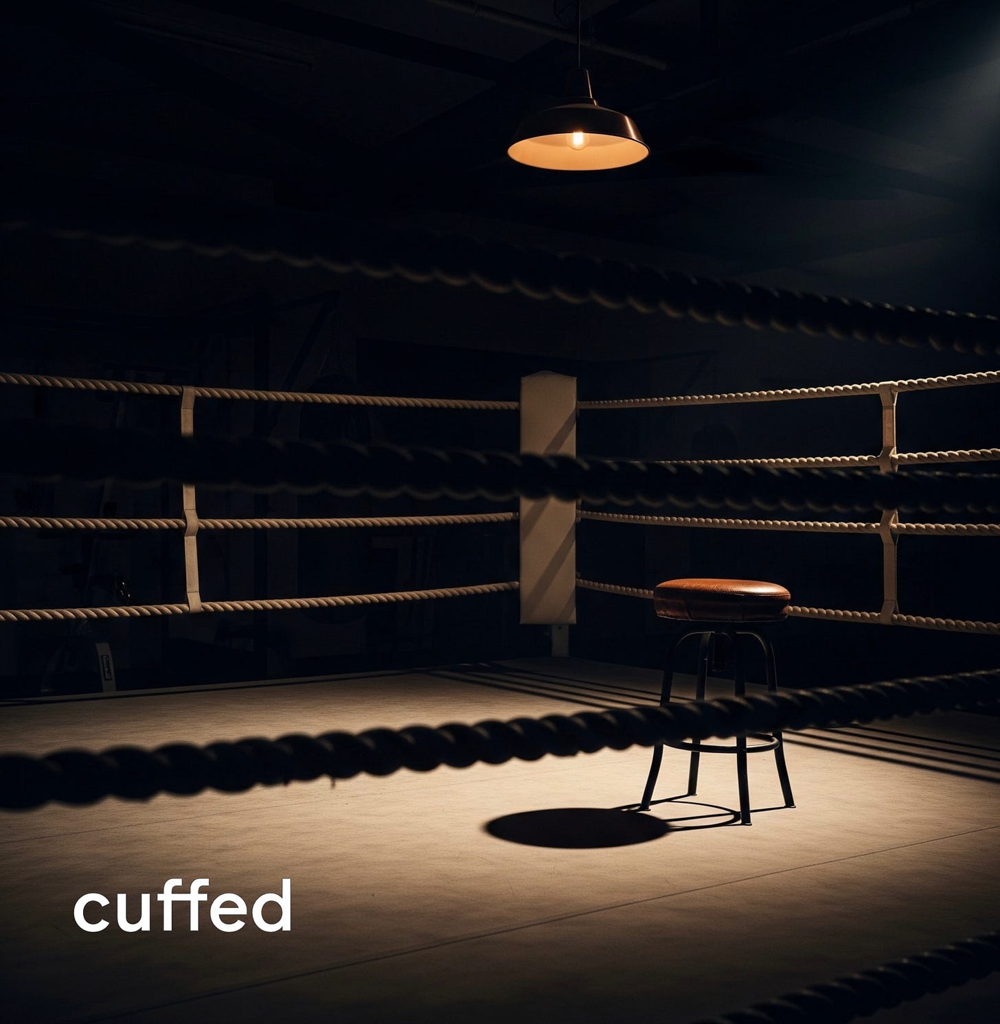 quote: “the greatest fighters know when not to fight. the greatest men know when not to speak.” — author. lowercase serif font in beige. background: minimalist boxing gym corner in chiaroscuro lighting, stool under a hanging light. mood: quiet dominance, restraint, masculine introspection. logo: beige fused “ff” cuffed bottom-right. seo tags: masculine quote about silence, emotional intimacy, trust, restraint, quiet dominance.