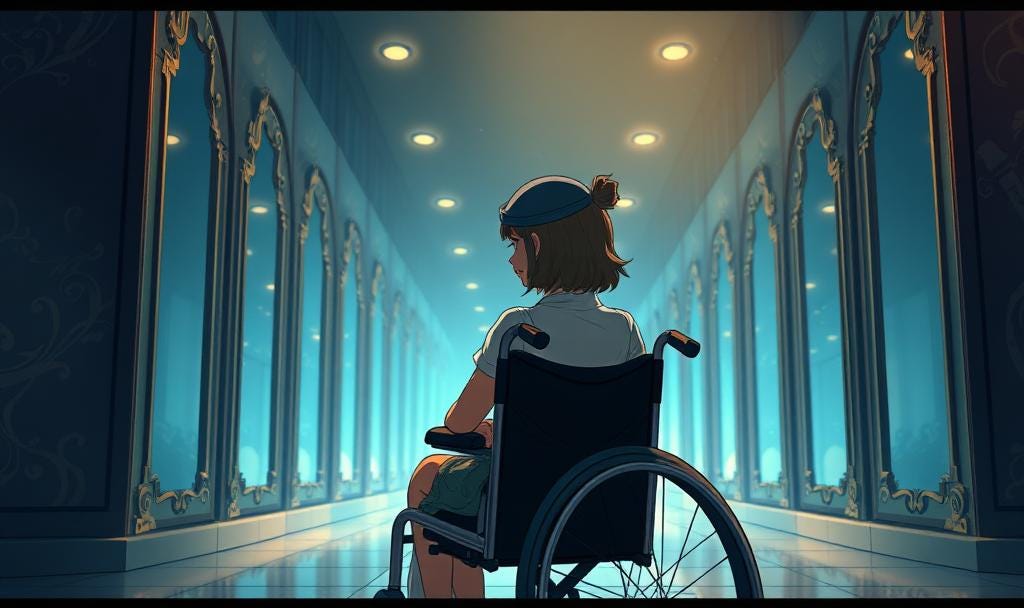 Anime style image shows a hall of mirrors, with a woman sitting in a wheelchair at the close end of the hallway. The wheelchair is obviously created by AI because the wheels are in impossible places.