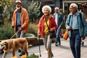 An image showing a diverse group of older adults engaging in various activities, such as walking, exercising, and socializing, with a cityscape in the background.