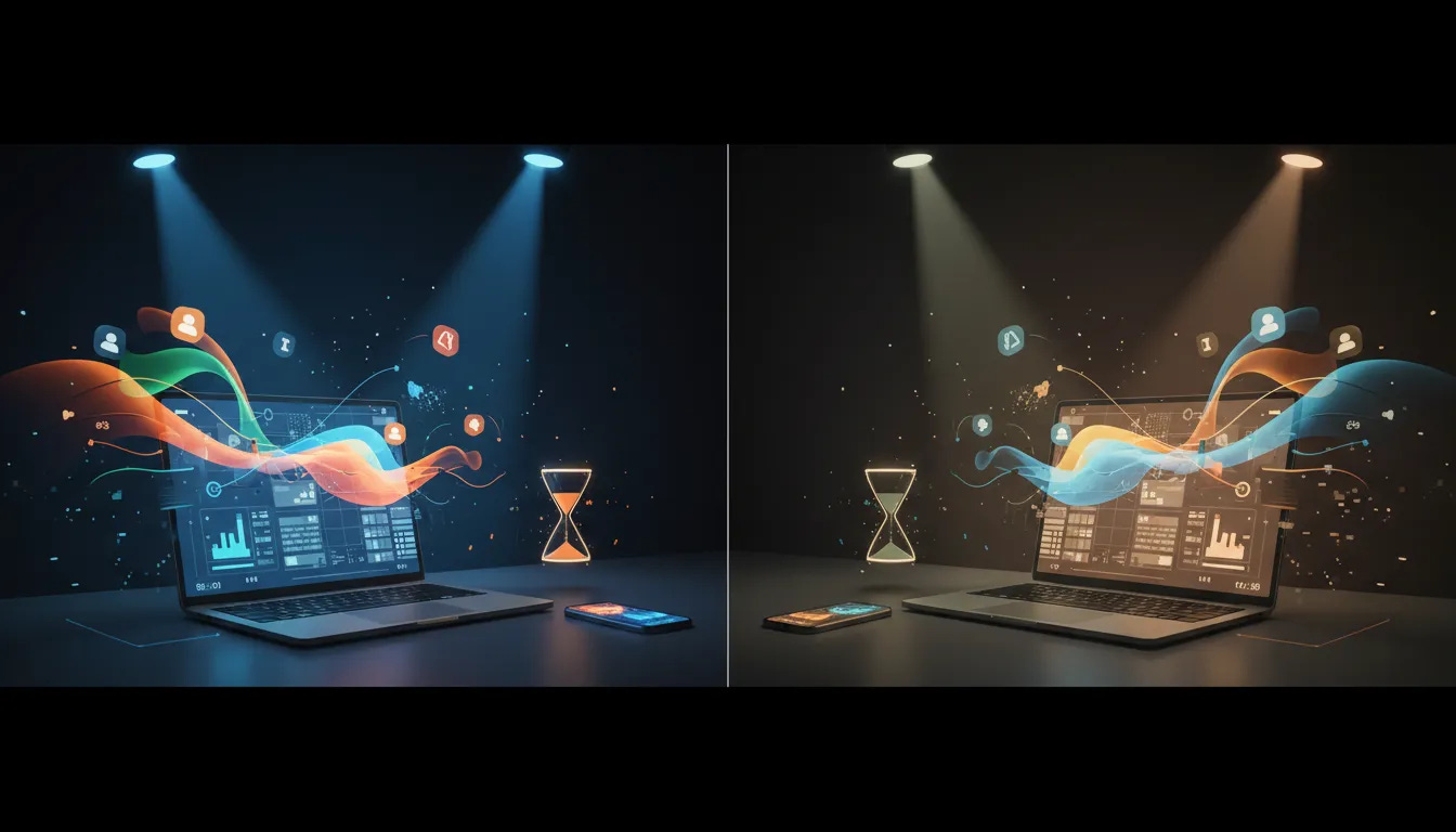 Cinematic illustration of a creator managing attention and avoiding burnout with contrasting bright momentum and dimmed overwhelmed energy, shown through light and abstract screen visuals
