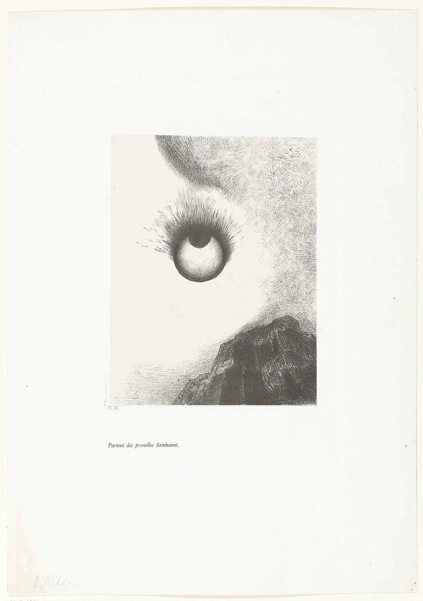 A grey lithograph on a large white sheet: a single round eye with a black pupil and long bristling lashes hangs in a pale sky above a dark rock, with the French caption Partout des prunelles flamboient printed below. A grey lithograph on a large white sheet: a single round eye with a black pupil and long bristling lashes hangs in a pale sky above a dark rock, with the French caption Partout des prunelles flamboient printed below.