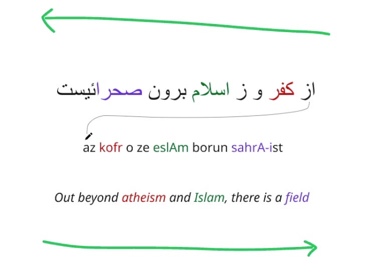 Screen grab of poem, with arrows and color coding to indate direction and anchor words. 