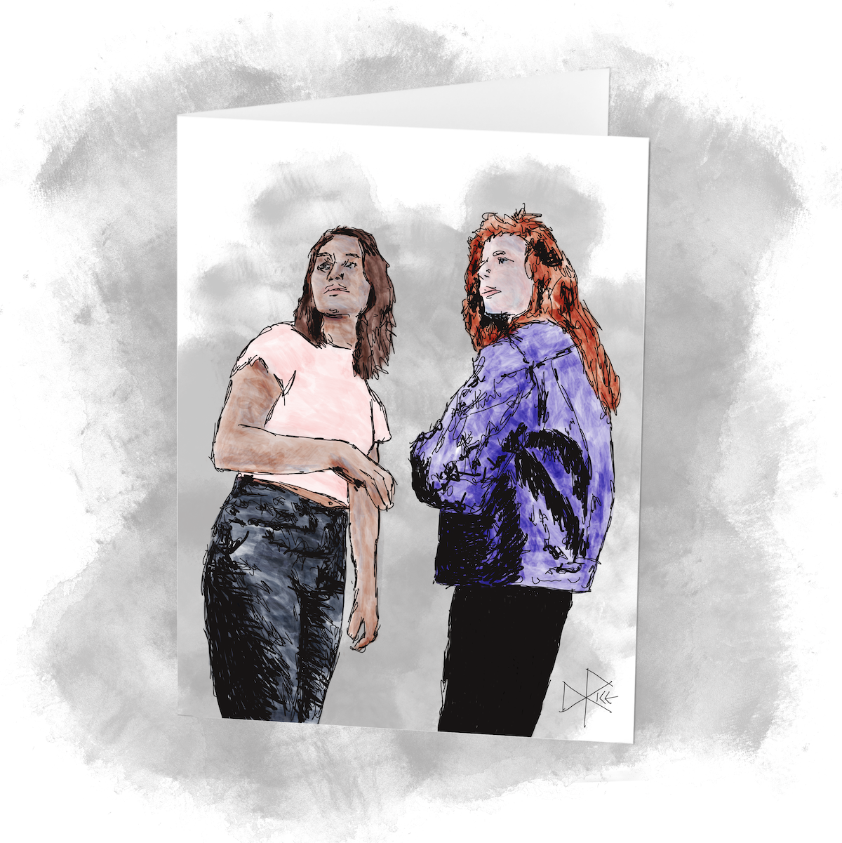 Two standing women, looking over their shoulders at something in the distance that has attracted their attention. Sketch art by Don Rice.