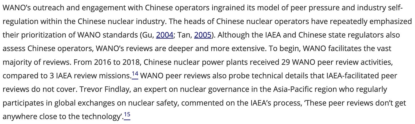 Text excerpt discussing WANO's engagement with Chinese nuclear operators and peer review processes.