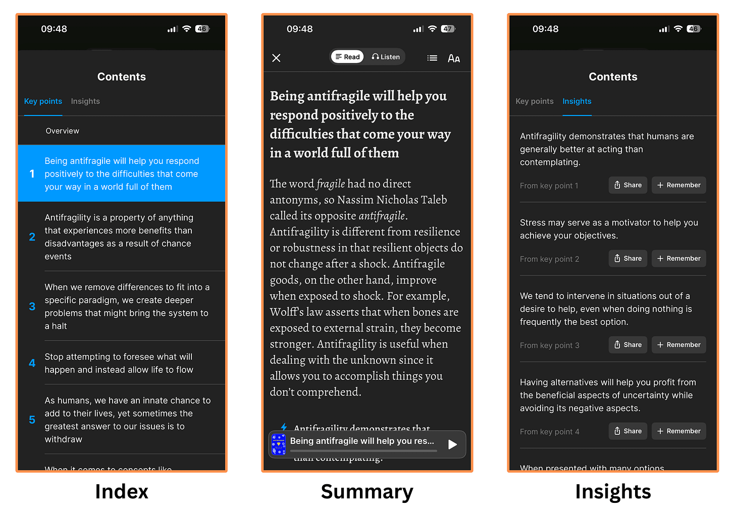 Headway’s “key points” and “insights” for the book Antifragile (mobile app + dark mode)