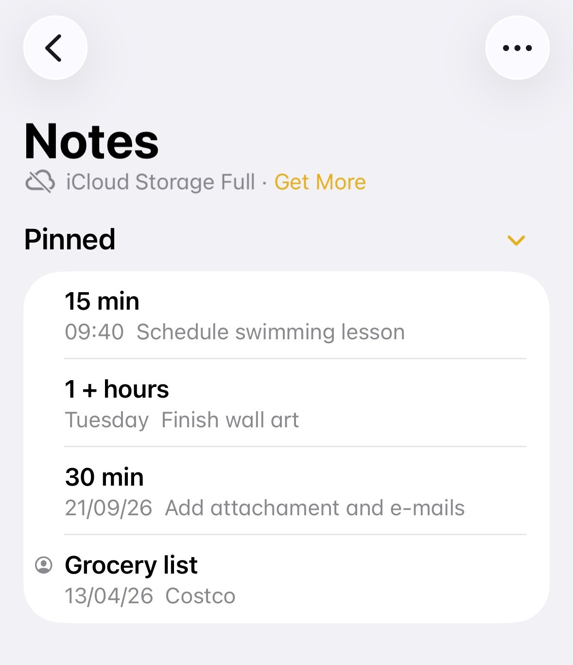 iPhone Notes app with three to-do lists pinned to the top