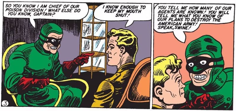 Panel from Sensation Comics #2 (1942) featuring the original Doctor Poison confronting Steve Trevor. Doctor Poison wears a green hooded costume, black eye mask, and red gloves while pointing at Trevor during an interrogation. Speech balloons identify Doctor Poison as the chief of a poison division and threaten the destruction of the American Army. The Golden Age Wonder Woman villain represents one of the earliest comic-book depictions of a poison-gas scientist and would later inspire modern adaptations in Wonder Woman media. Panel from Sensation Comics #2 (1942) featuring the original Doctor Poison confronting Steve Trevor. Doctor Poison wears a green hooded costume, black eye mask, and red gloves while pointing at Trevor during an interrogation. Speech balloons identify Doctor Poison as the chief of a poison division and threaten the destruction of the American Army. The Golden Age Wonder Woman villain represents one of the earliest comic-book depictions of a poison-gas scientist and would later inspire modern adaptations in Wonder Woman media.
