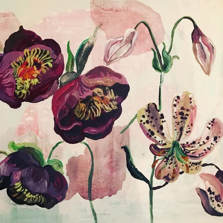 This may contain: a painting of purple flowers on a white background