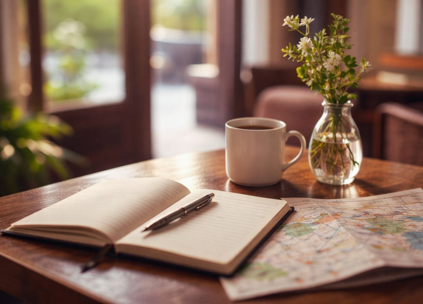 A quiet hotel table with an open notebook, pen, coffee cup, and folded map in warm natural light, suggesting calm arrival and orientation before check-in. A quiet hotel table with an open notebook, pen, coffee cup, and folded map in warm natural light, suggesting calm arrival and orientation before check-in.