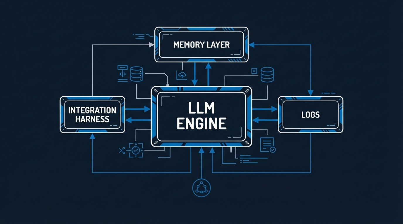 Sơ đồ thiết kế hệ thống AI Harness với lõi LLM Core ở giữa, bao quanh bởi các phân hệ Memory, Tools, Data Access, và cổng kiểm soát Human-in-the-loop Sơ đồ thiết kế hệ thống AI Harness với lõi LLM Core ở giữa, bao quanh bởi các phân hệ Memory, Tools, Data Access, và cổng kiểm soát Human-in-the-loop