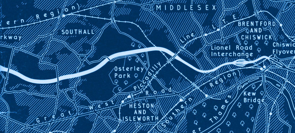 Stylised map of the M4 through Osterley and Brentford, showing a thick white line passing between built up areas and with other roads and railways marked