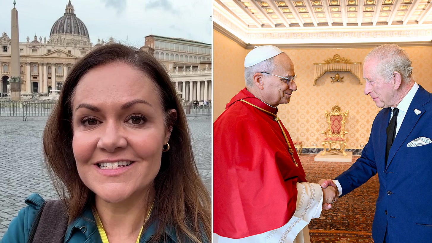 Woman smiling at camera in St Peter's Square in Rome on the left, Pope Leo and King Charles meeting on the right Woman smiling at camera in St Peter's Square in Rome on the left, Pope Leo and King Charles meeting on the right