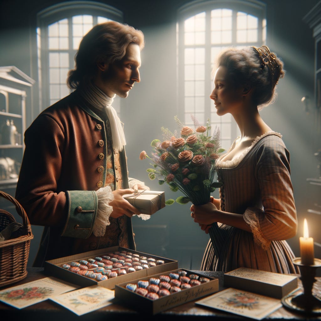 A 17th and 18th Century Couple Exchanging Valentine's Day Gifts, and Confectionaries. 