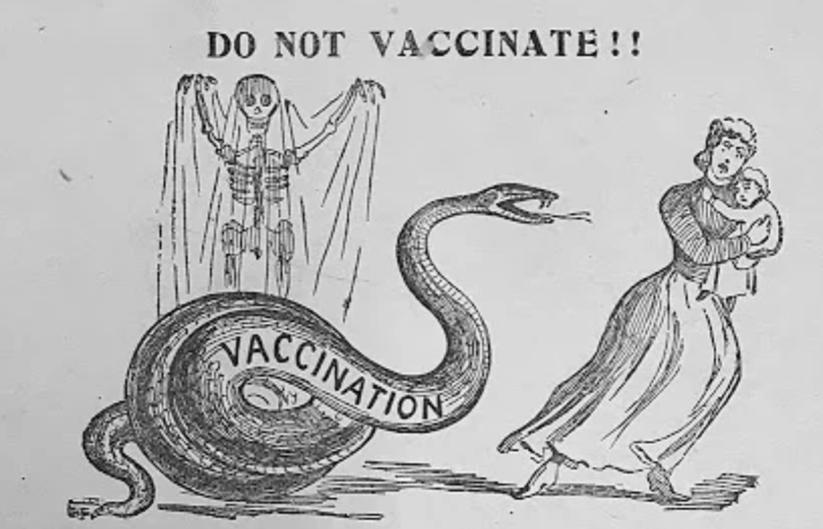 A political cartoon titled "DO NOT VACCINATE" with a skeleton summoning a snake with "VACCINATION" written on its belly, attacking a woman clutching a baby 